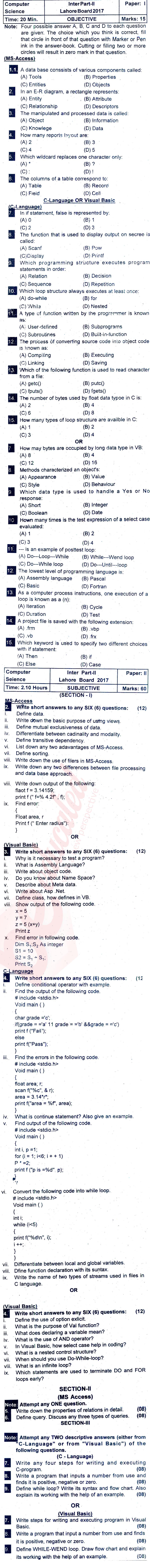 Computer Science ICS Part 2 Past Paper Group 1 BISE Lahore 2017