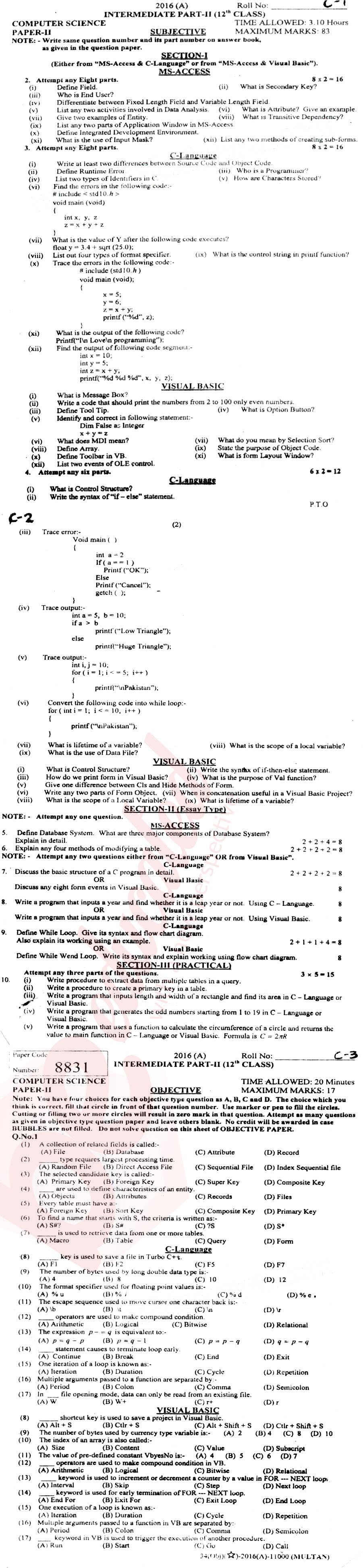 Computer Science ICS Part 2 Past Paper Group 1 BISE Multan 2016