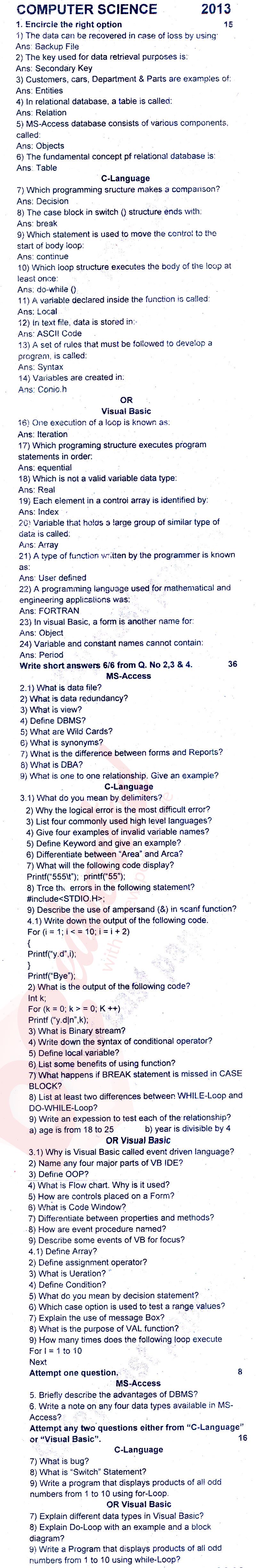 Computer Science ICS Part 2 Past Paper Group 1 BISE Rawalpindi 2013