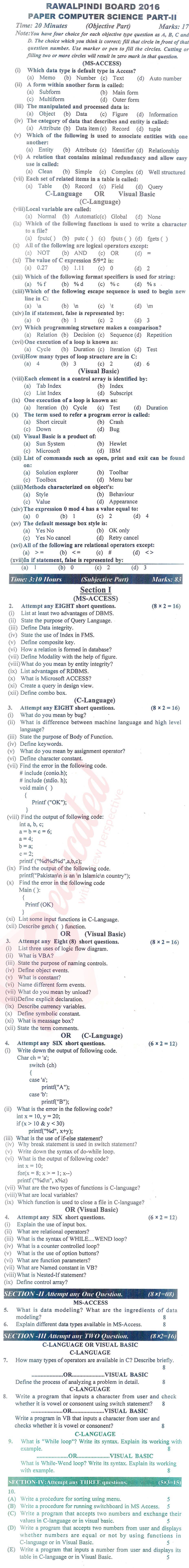 Computer Science ICS Part 2 Past Paper Group 1 BISE Rawalpindi 2016