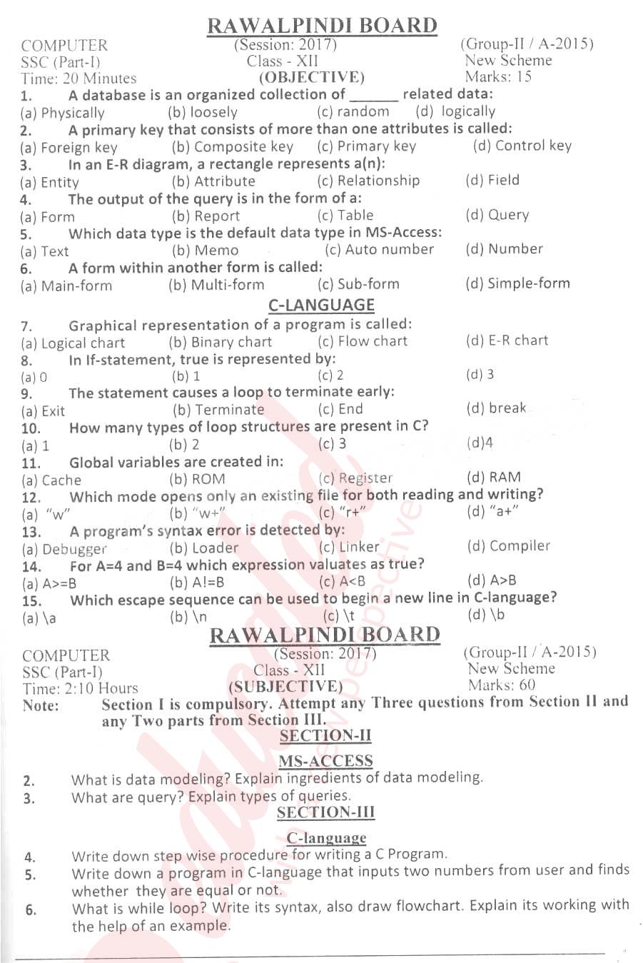 Computer Science ICS Part 2 Past Paper Group 1 BISE Rawalpindi 2017