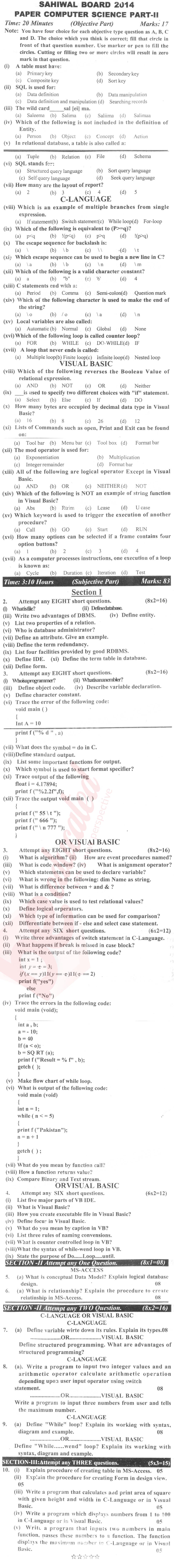 Computer Science ICS Part 2 Past Paper Group 1 BISE Sahiwal 2014