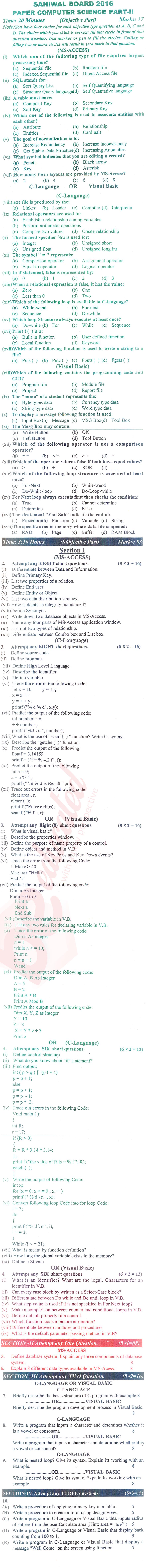 Computer Science ICS Part 2 Past Paper Group 1 BISE Sahiwal 2016