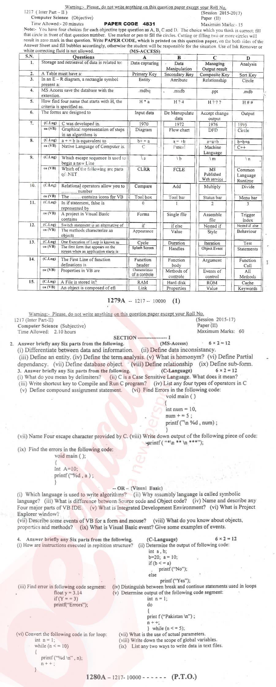 Computer Science ICS Part 2 Past Paper Group 1 BISE Sargodha 2017