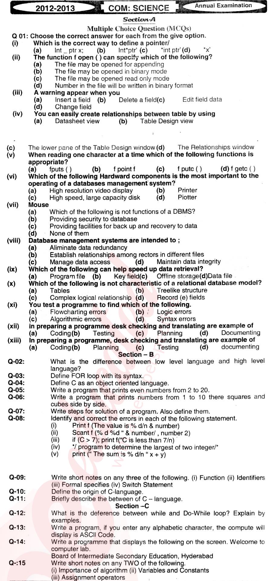 Computer Science ICS Part 2 Past Paper Group 1 BISE Sukkur 2013