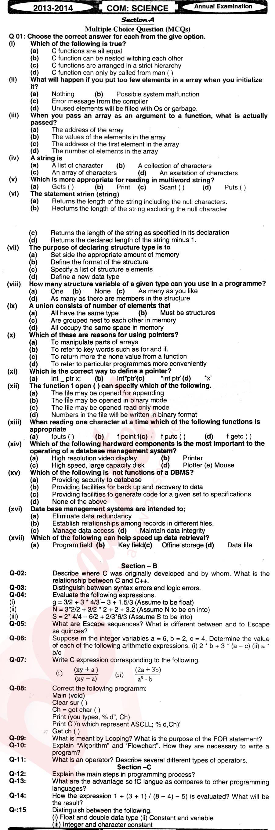 Computer Science ICS Part 2 Past Paper Group 1 BISE Sukkur 2014