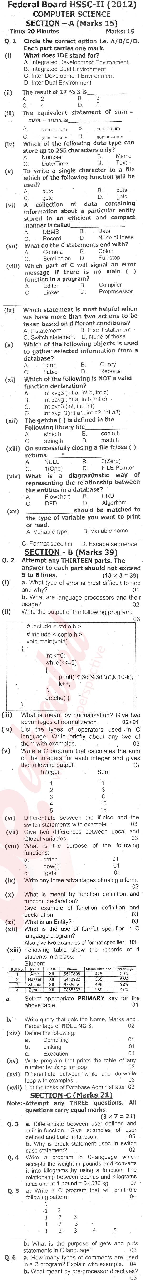 Computer Science ICS Part 2 Past Paper Group 1 Federal BISE  2012