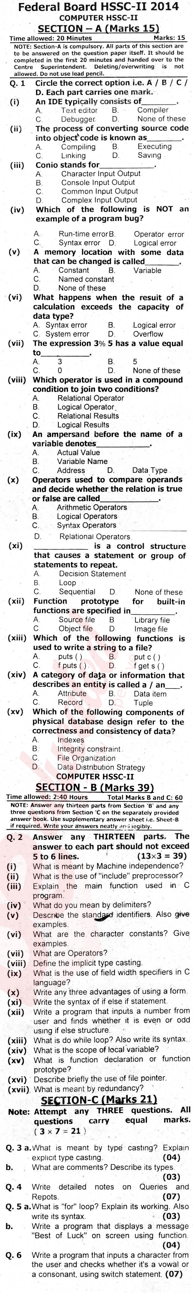 Computer Science ICS Part 2 Past Paper Group 1 Federal BISE  2014