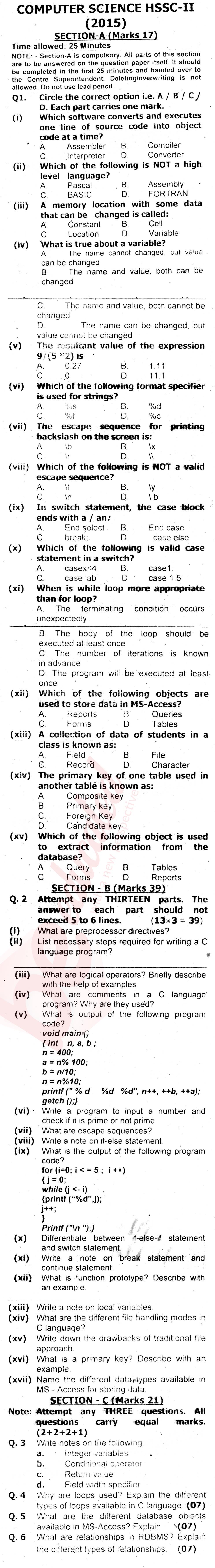 Computer Science ICS Part 2 Past Paper Group 1 Federal BISE  2015