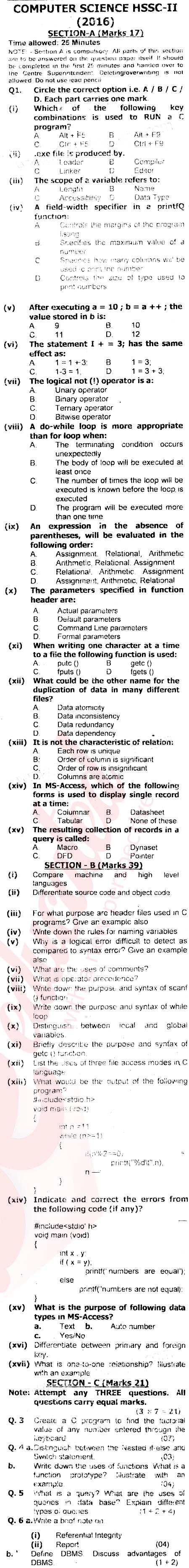 Computer Science ICS Part 2 Past Paper Group 1 Federal BISE  2016