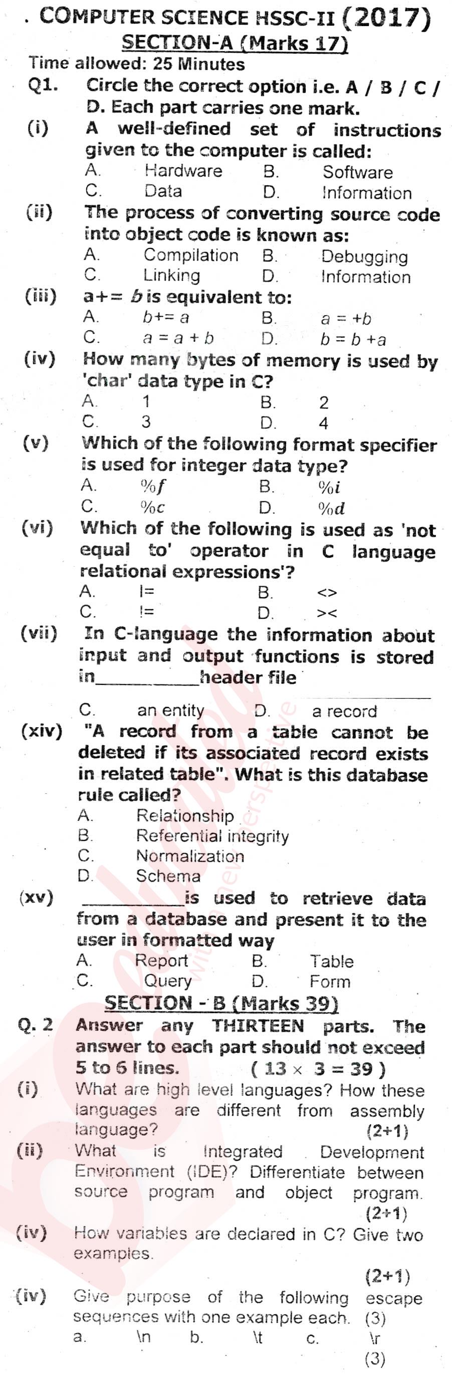 Computer Science ICS Part 2 Past Paper Group 1 Federal BISE  2017