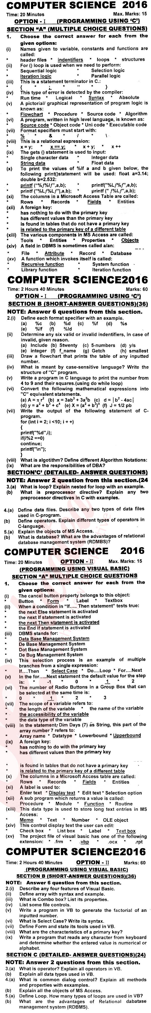 Computer Science ICS Part 2 Past Paper Group 1 KPBTE 2016