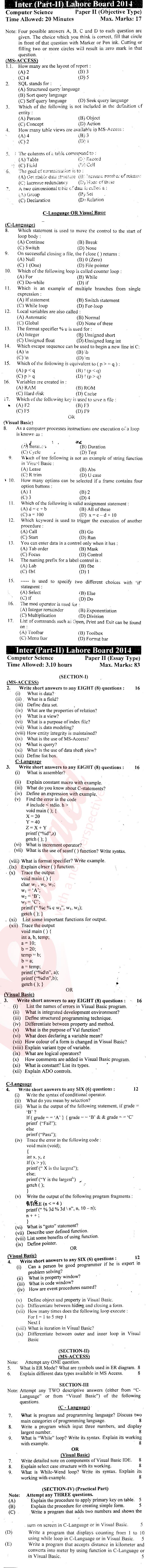 Computer Science ICS Part 2 Past Paper Group 2 BISE Lahore 2014