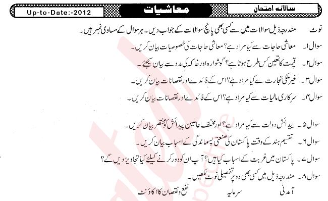 Economics 10th Urdu Medium Past Paper Group 1 BISE Mirpurkhas 2012