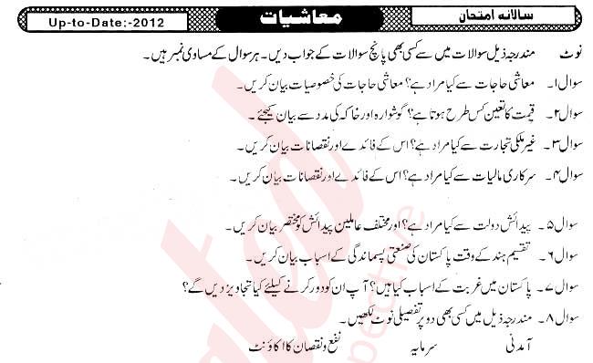 Economics 10th Urdu Medium Past Paper Group 1 BISE Sukkur 2012