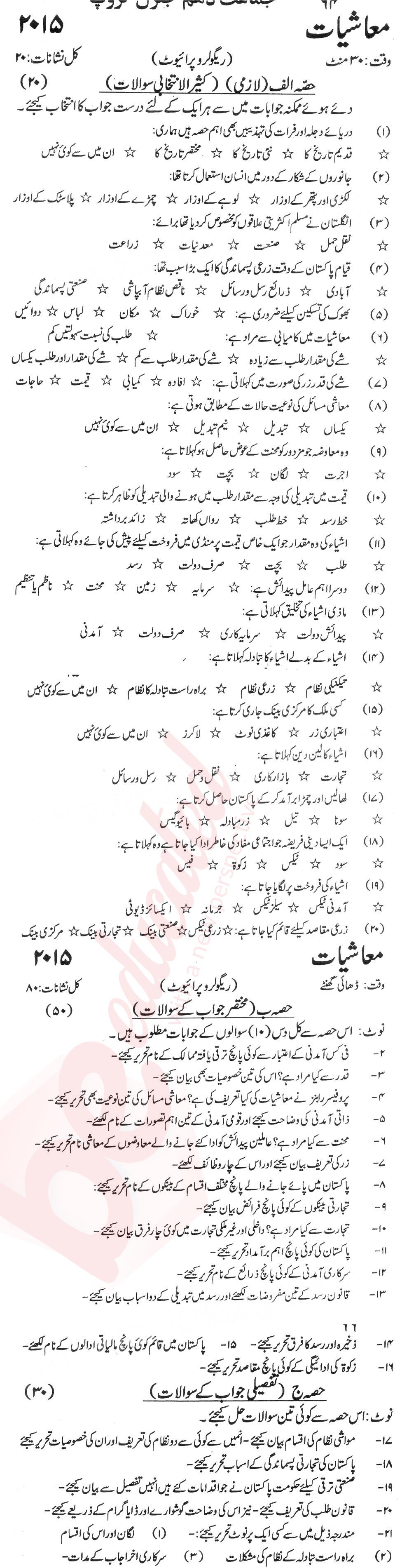 Economics 10th Urdu Medium Past Paper Group 1 KPBTE 2015