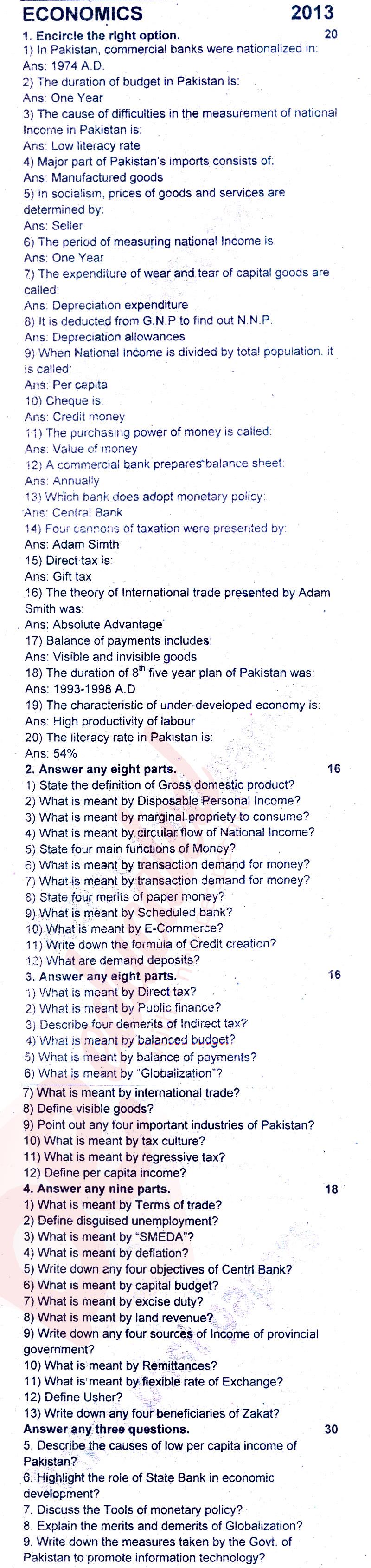 Economics 12th class Past Paper Group 1 BISE Rawalpindi 2013