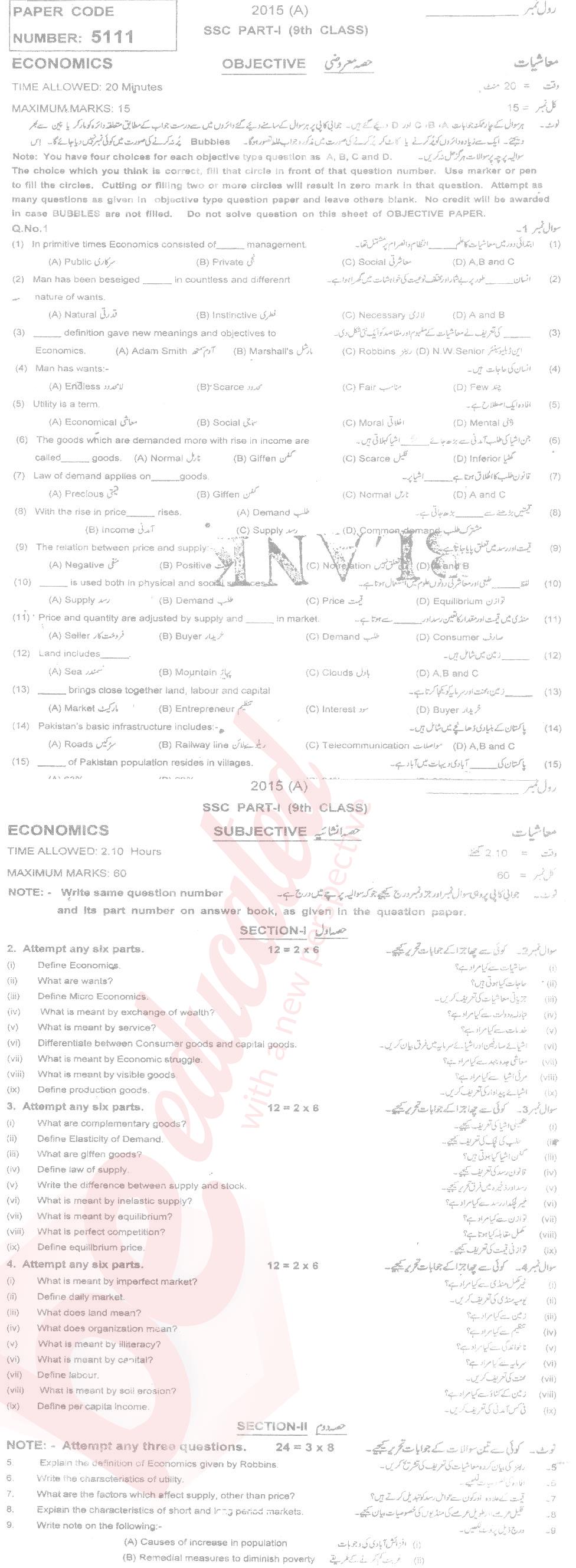 Economics 9th Urdu Medium Past Paper Group 1 BISE Multan 2015