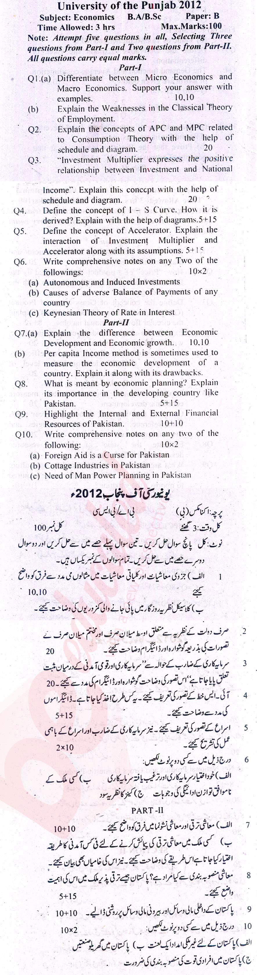 Economics BA Part 2 Past Paper Group 1 Punjab University 2012