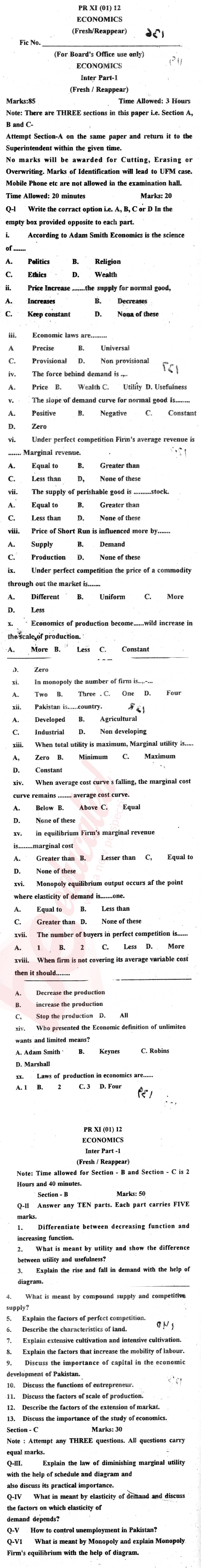 Economics FA Part 1 Past Paper Group 1 BISE DI Khan 2012