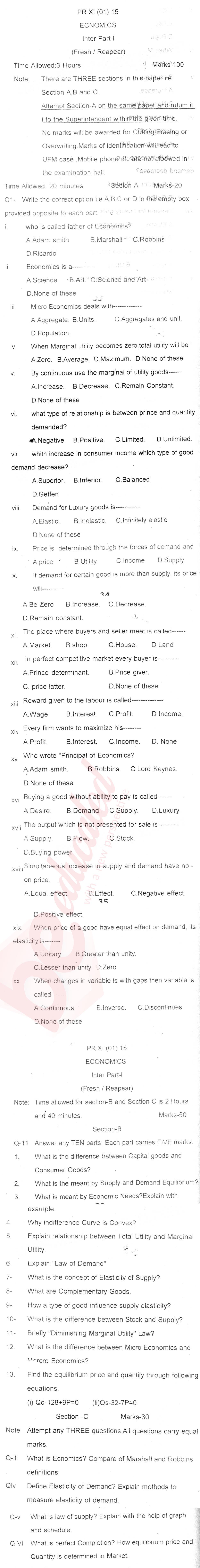 Economics FA Part 1 Past Paper Group 1 BISE DI Khan 2015