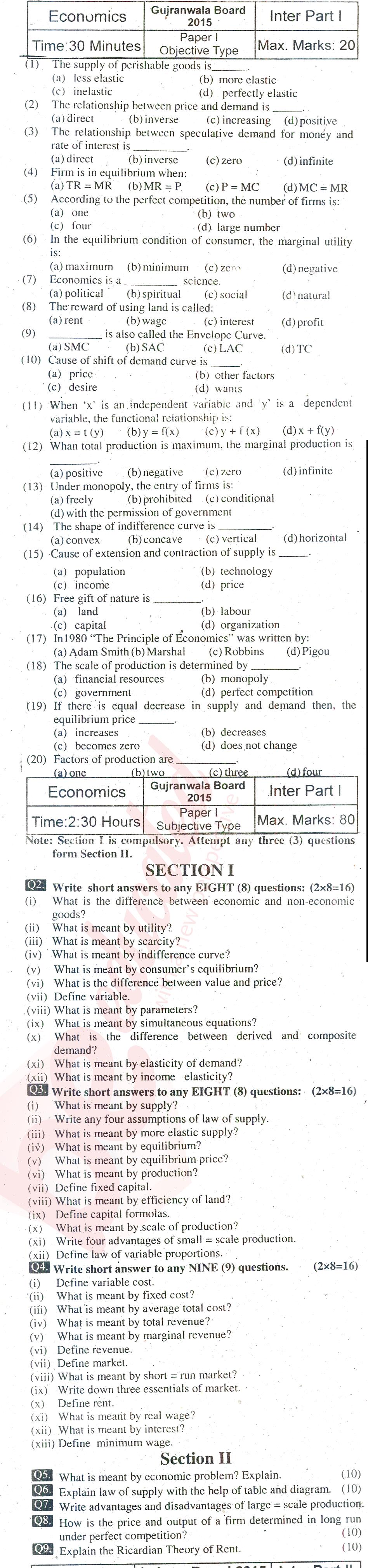 Economics FA Part 1 Past Paper Group 1 BISE Gujranwala 2015