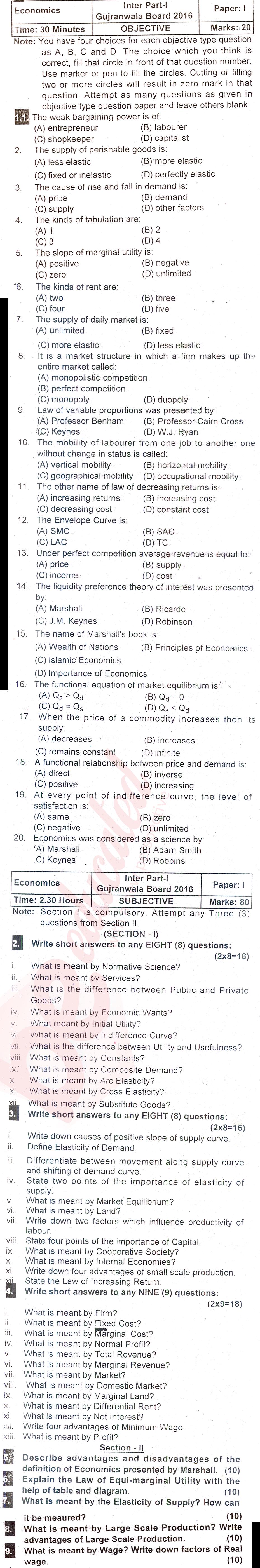 Economics FA Part 1 Past Paper Group 1 BISE Gujranwala 2016