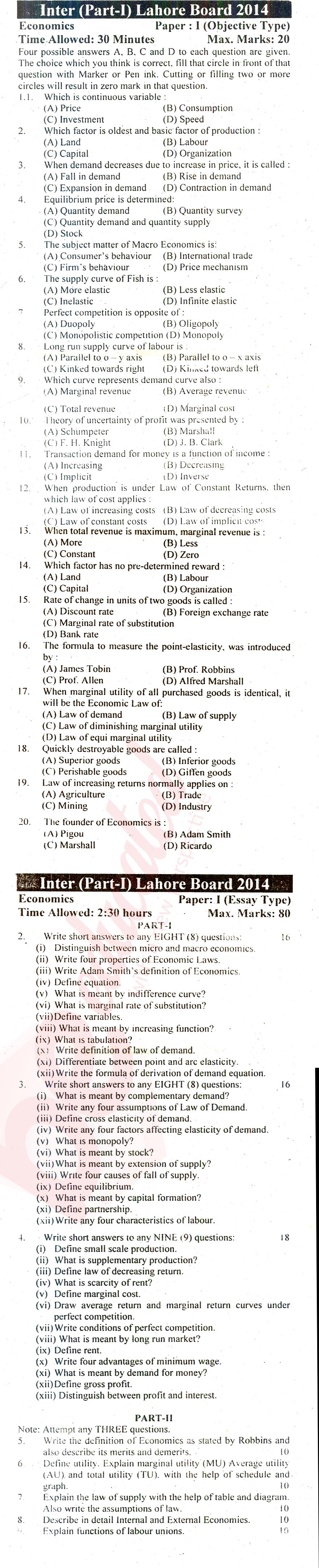 Economics FA Part 1 Past Paper Group 1 BISE Lahore 2014