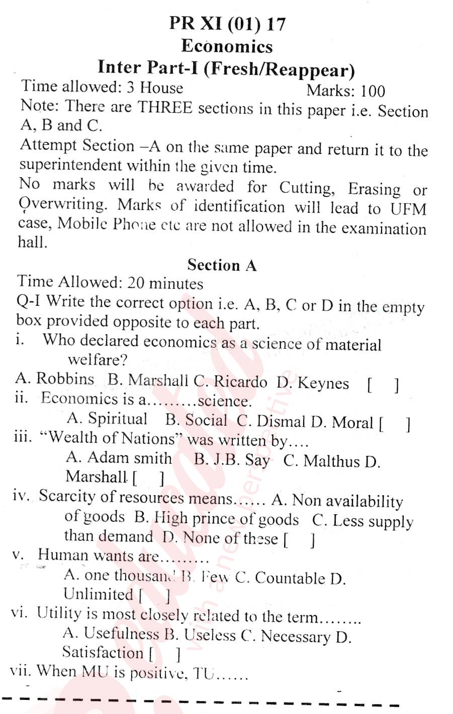 Economics FA Part 1 Past Paper Group 1 BISE Malakand 2017