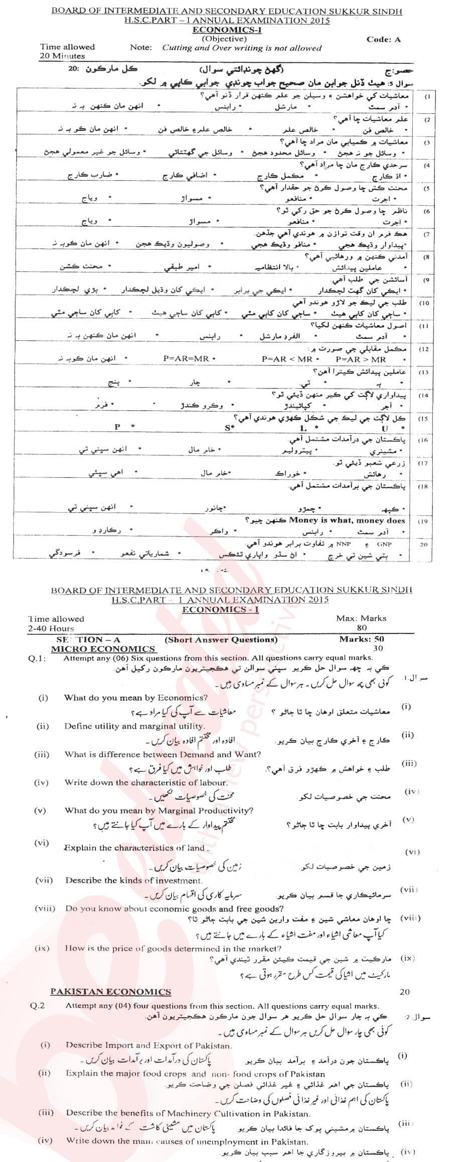 Economics FA Part 1 Past Paper Group 1 BISE Sukkur 2015