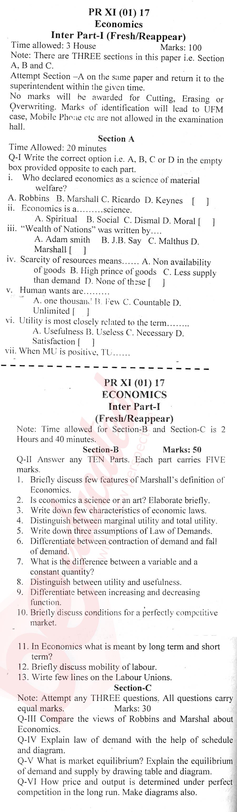 Economics FA Part 1 Past Paper Group 1 BISE Swat 2017