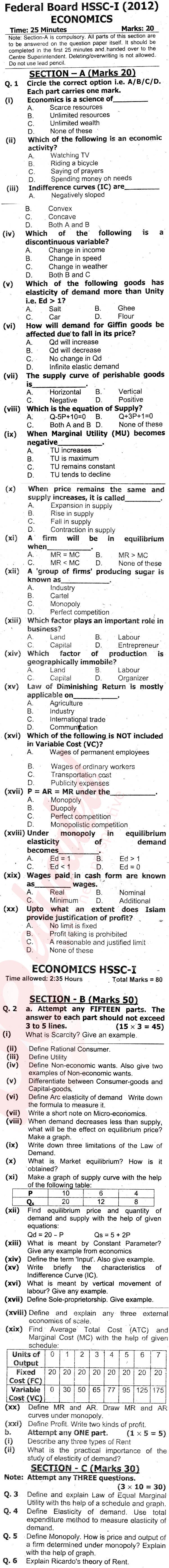 Economics FA Part 1 Past Paper Group 1 Federal BISE  2012