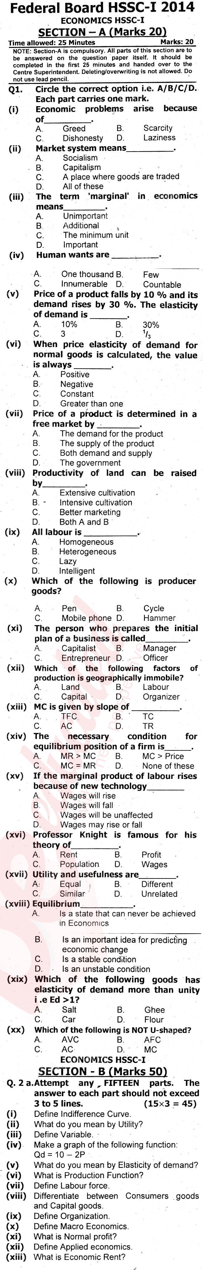 Economics FA Part 1 Past Paper Group 1 Federal BISE  2014