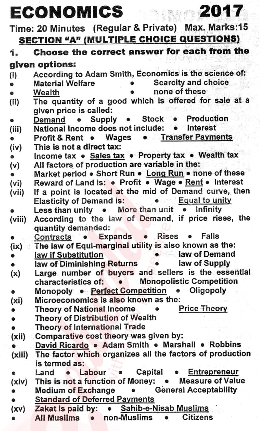 Economics FA Part 1 Past Paper Group 1 KPBTE 2017