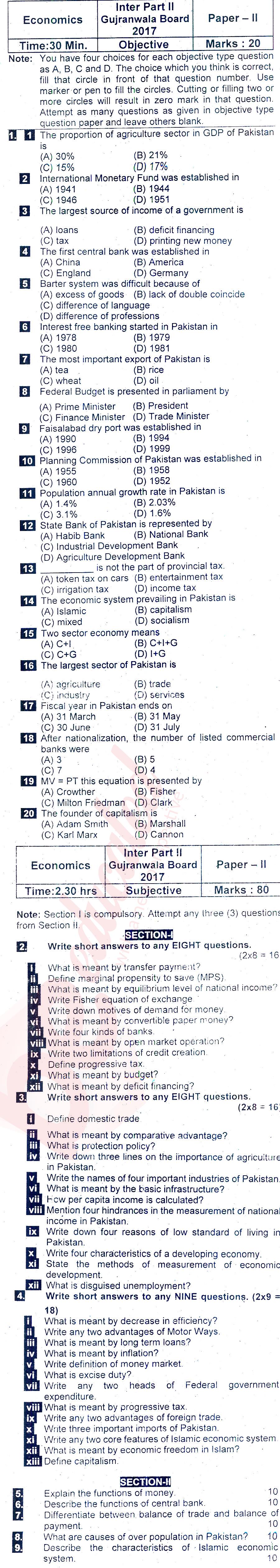Economics FA Part 2 Past Paper Group 1 BISE Gujranwala 2017