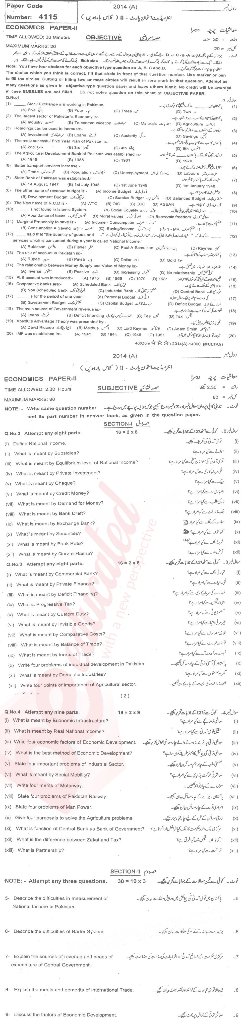 Economics FA Part 2 Past Paper Group 1 BISE Multan 2014