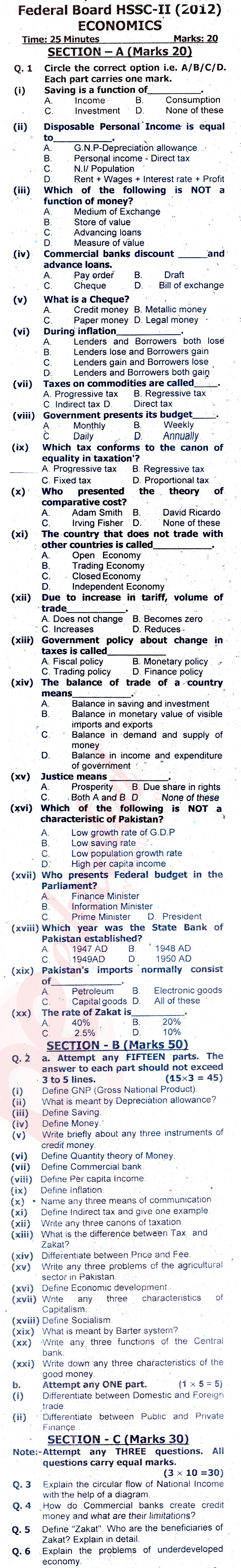Economics FA Part 2 Past Paper Group 1 Federal BISE  2012