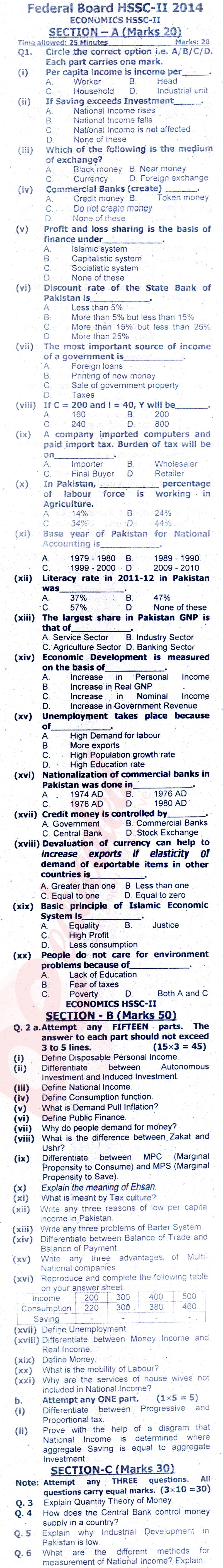 Economics FA Part 2 Past Paper Group 1 Federal BISE  2014