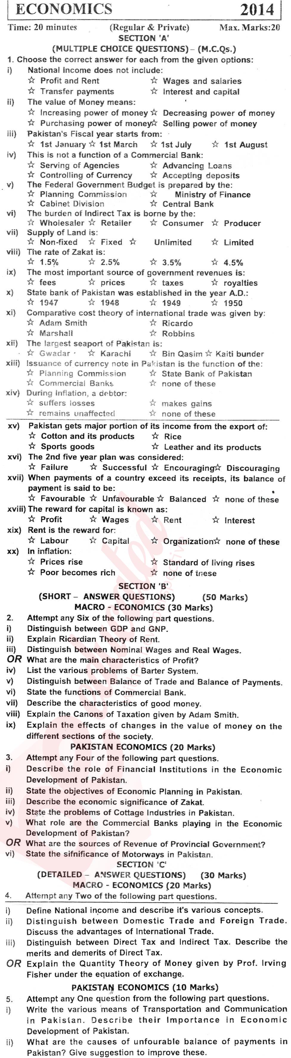 Economics FA Part 2 Past Paper Group 1 KPBTE 2014
