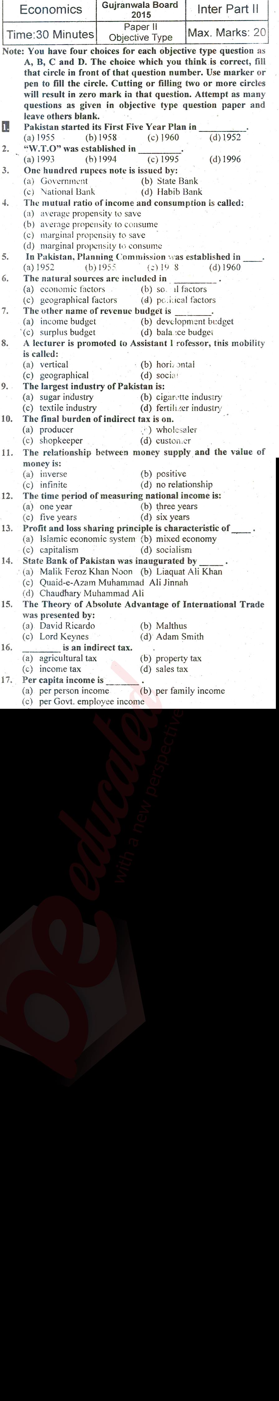 Economics FA Part 2 Past Paper Group 2 BISE Gujranwala 2015