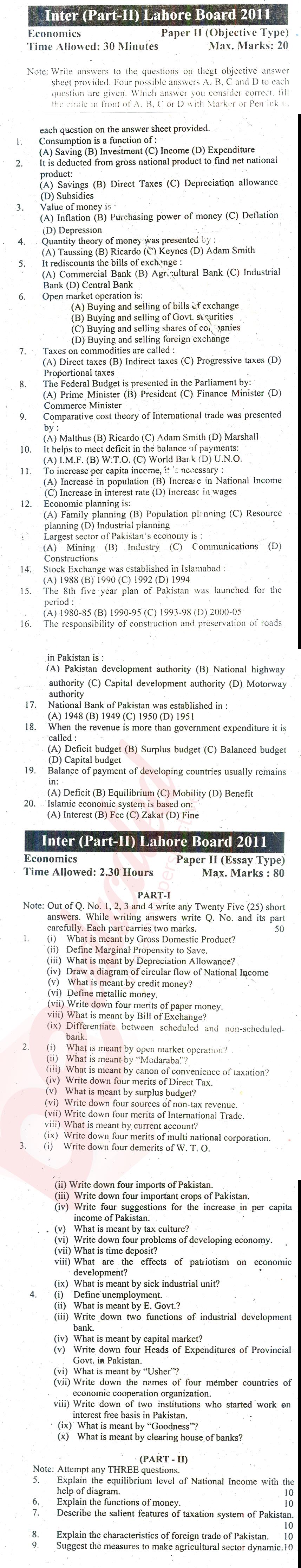 Economics FA Part 2 Past Paper Group 2 BISE Lahore 2011