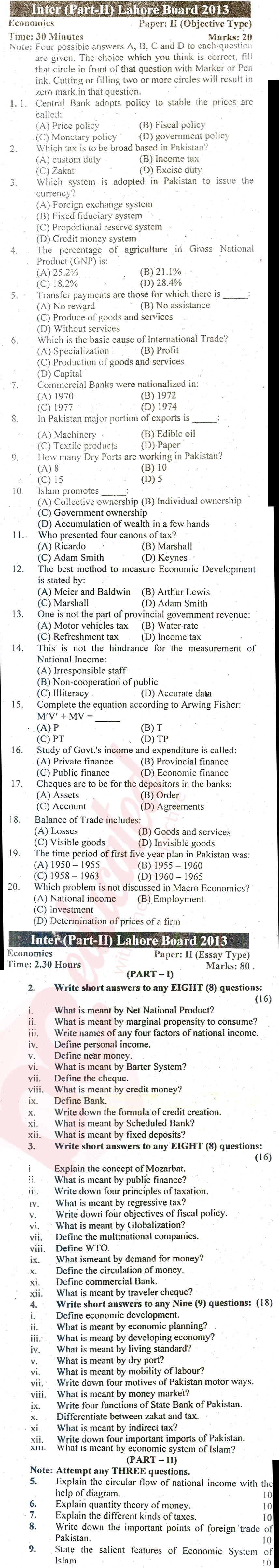 Economics FA Part 2 Past Paper Group 2 BISE Lahore 2013