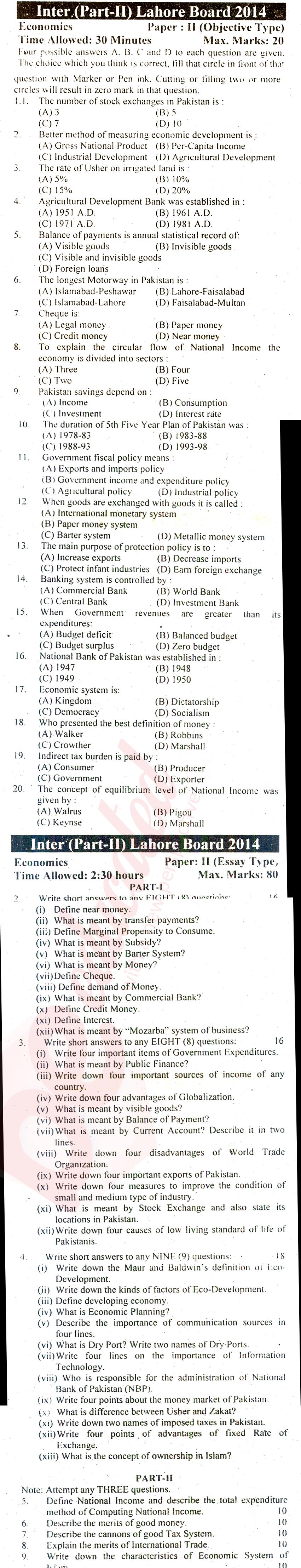 Economics FA Part 2 Past Paper Group 2 BISE Lahore 2014