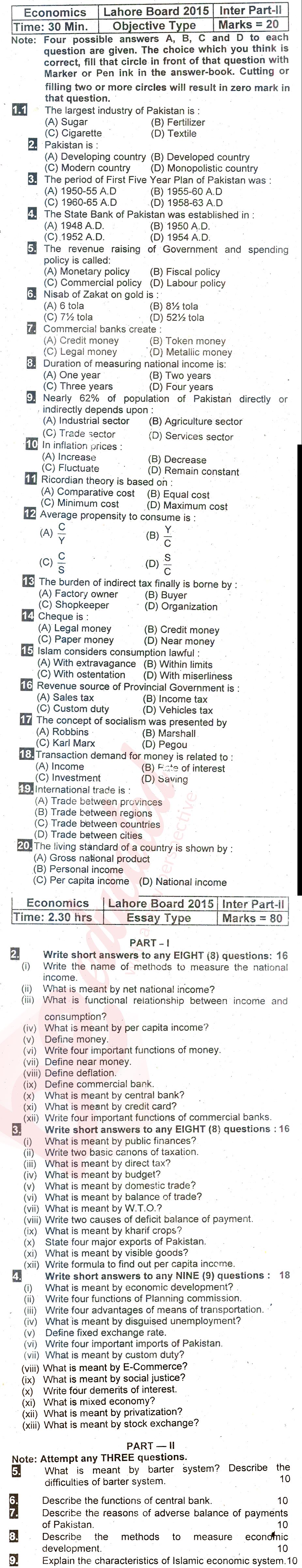 Economics FA Part 2 Past Paper Group 2 BISE Lahore 2015