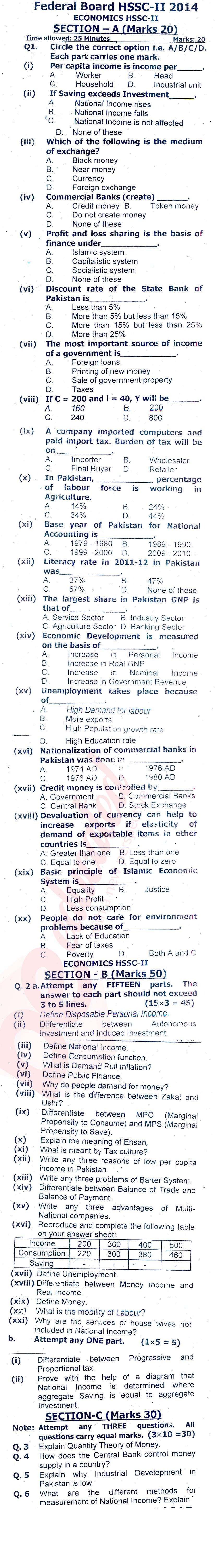 Economics FSC Part 2 Past Paper Group 1 Federal BISE  2014