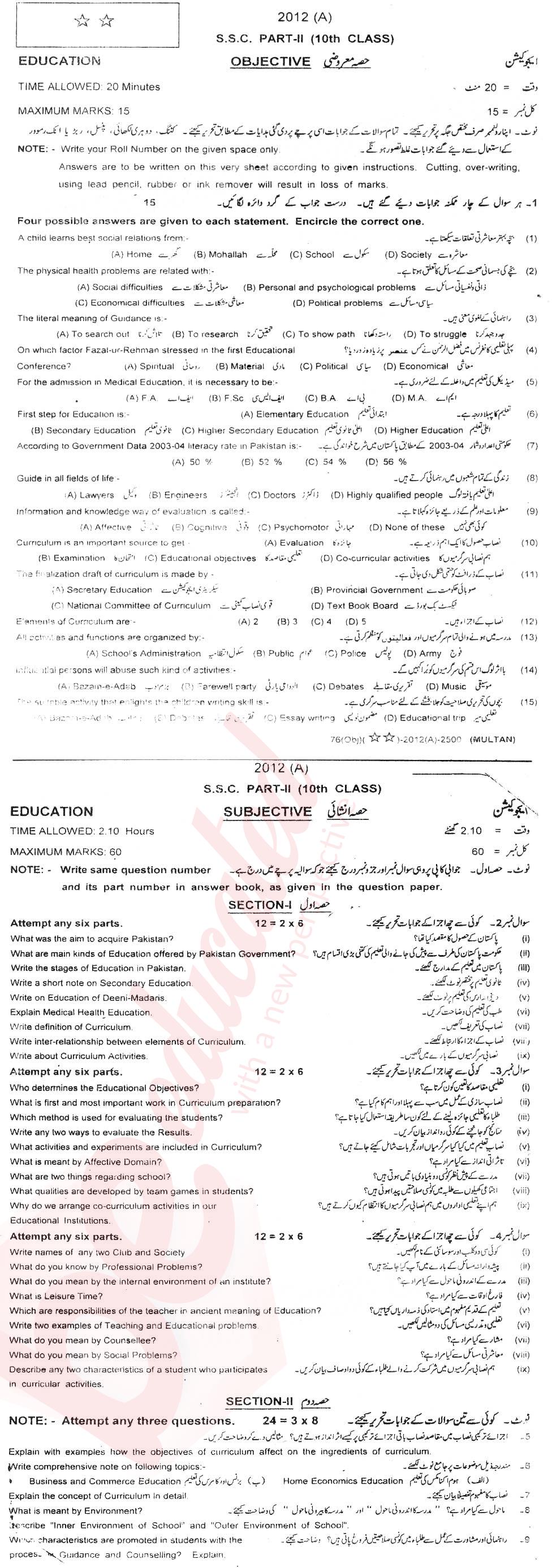 Education 10th English Medium Past Paper Group 1 BISE Multan 2012