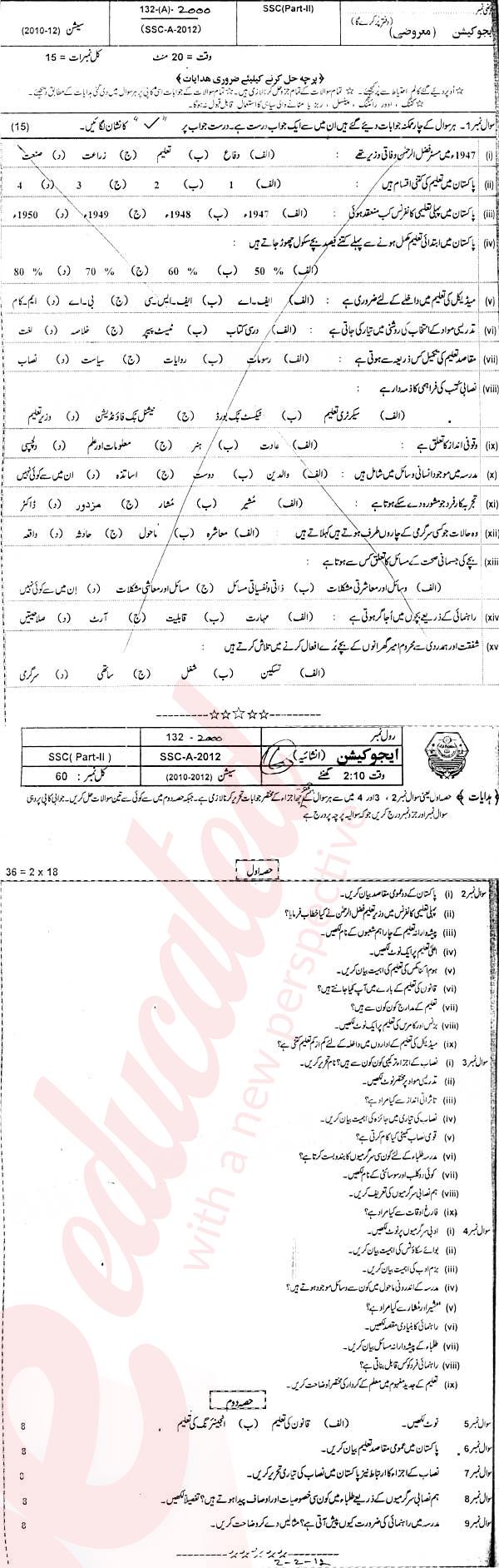 Education 10th Urdu Medium Past Paper Group 1 BISE Bahawalpur 2012