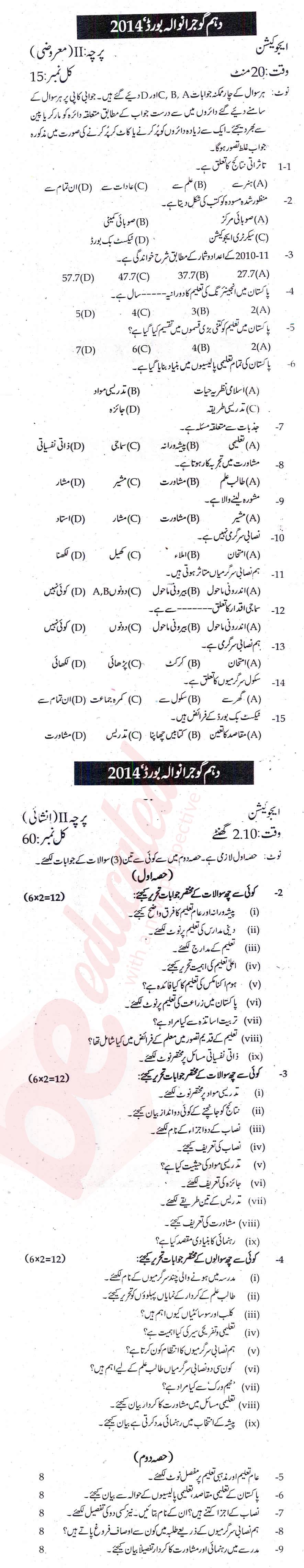 Education 10th Urdu Medium Past Paper Group 1 BISE Gujranwala 2014