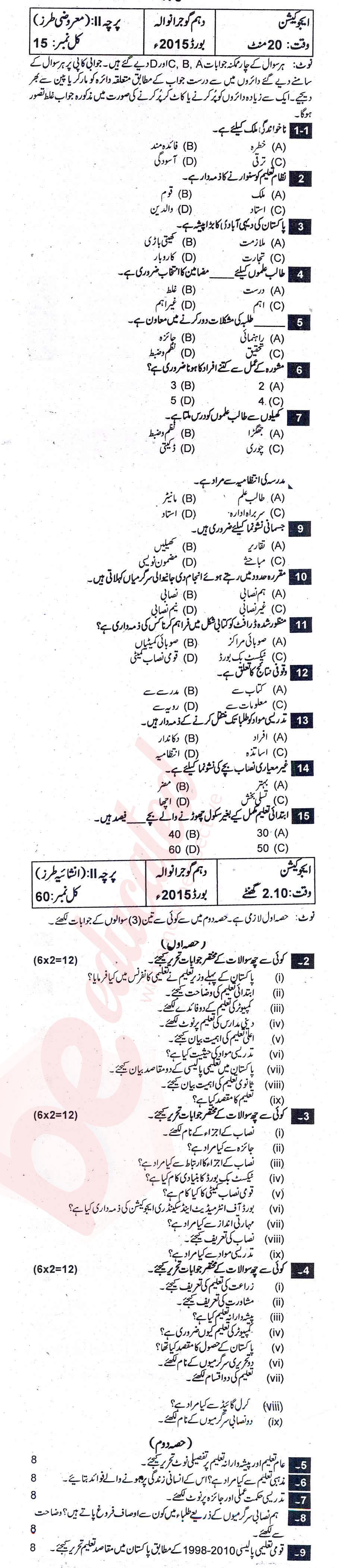 Education 10th Urdu Medium Past Paper Group 1 BISE Gujranwala 2015