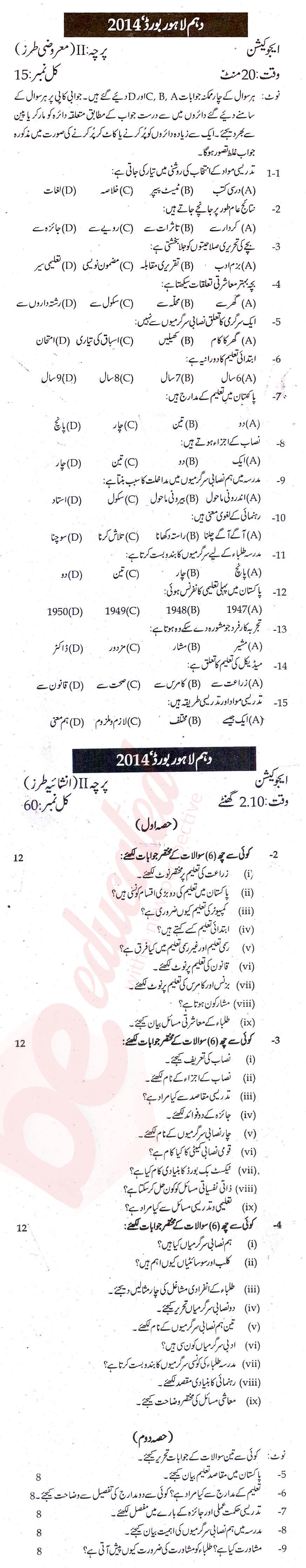 Education 10th Urdu Medium Past Paper Group 1 BISE Lahore 2014